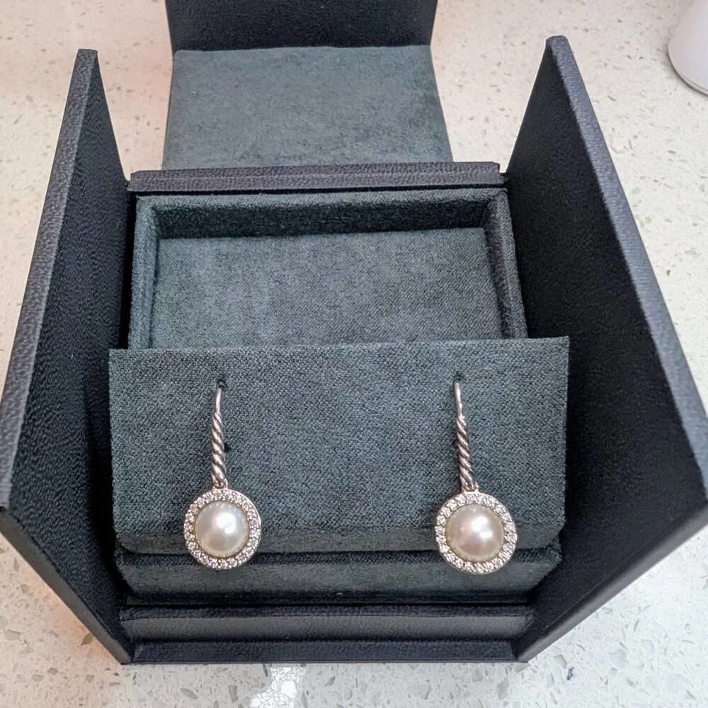David Yurman Pearl and Pave Diamond Sterling Silver Cable Drop Earrings - RARE - Picture 3 of 7
